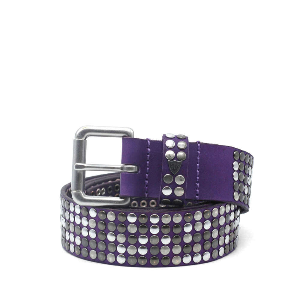 Hollywood Trading Company 5.000 STUDS COLOR BELT 5.000 STUDS COLOR BELT Leather belt with mixed studs, brass buckle, studded zamac belt loop with HTC logo rivet. Height: 3.5 cm. Made in Italy. Color: Violet BELTS Hollywood Trading Company Hollywood Tradin