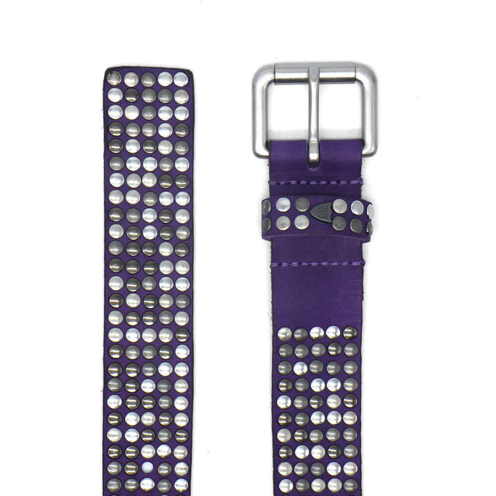 Hollywood Trading Company 5.000 STUDS COLOR BELT 5.000 STUDS COLOR BELT Leather belt with mixed studs, brass buckle, studded zamac belt loop with HTC logo rivet. Height: 3.5 cm. Made in Italy. Color: Violet BELTS Hollywood Trading Company Hollywood Tradin