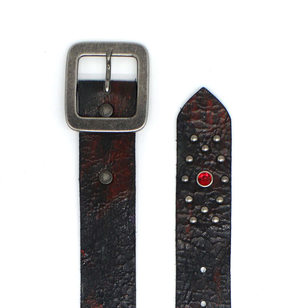 Hollywood Trading Company DESTROYED BELT DESTROYED BELT Black/Red leather studded belt. Metal buckle. 4 cm height. Made in Italy BELTS Hollywood Trading Company Hollywood Trading Company