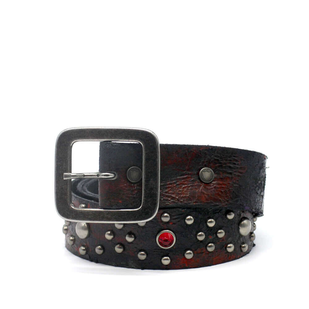 Hollywood Trading Company DESTROYED BELT DESTROYED BELT Black/Red leather studded belt. Metal buckle. 4 cm height. Made in Italy BELTS Hollywood Trading Company Hollywood Trading Company