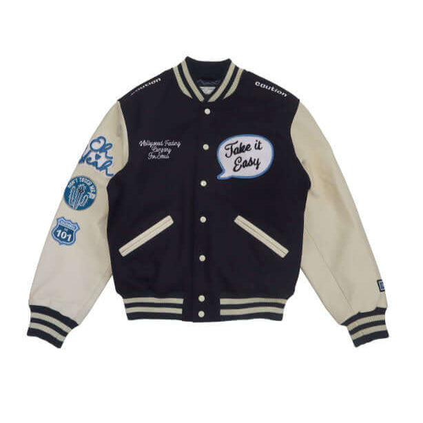 HTC LOS ANGELES HTC VARSITY JACKET NAVY HTC VARSITY JACKET NAVY Limited edition for Seoul. Varsity wool & leather bomber jacket. Front button closure, ribbed collar, cuffs and hem. Embroidered details and patches. Two side pockets. Main body composition: