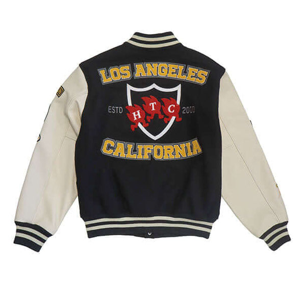HTC LOS ANGELES HTC VARSITY JACKET BLACK HTC VARSITY JACKET BLACK Limited edition for Seoul. Varsity wool & leather bomber jacket. Front button closure, ribbed collar, cuffs and hem. Embroidered details and patches. Two side pockets. Main body composition