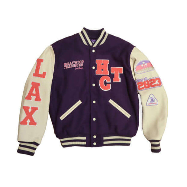HTC LOS ANGELES HTC VARSITY JACKET PURPLE HTC VARSITY JACKET PURPLE Limited edition for Seoul. Varsity wool & leather bomber jacket. Front button closure, ribbed collar, cuffs and hem. Embroidered details and patches. Two side pockets. Main body compositi