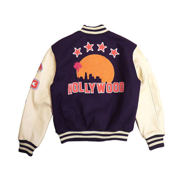 HTC LOS ANGELES HTC VARSITY JACKET PURPLE HTC VARSITY JACKET PURPLE Limited edition for Seoul. Varsity wool & leather bomber jacket. Front button closure, ribbed collar, cuffs and hem. Embroidered details and patches. Two side pockets. Main body compositi
