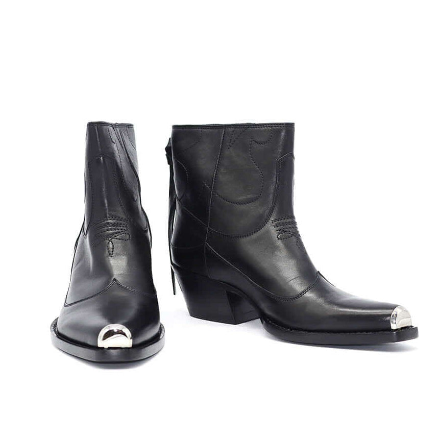Hollywood Trading Company TEXANO LOW BOOT TEXANO LOW BOOT Black leather Texas boots. Metallic square toe. Braiding on the back. Heel 5 cm. Made in Italy. boots Hollywood Trading Company Hollywood Trading Company