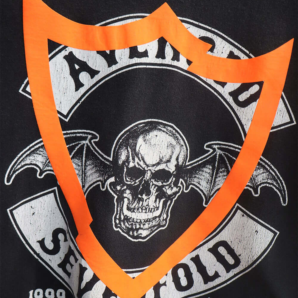 Hollywood Trading Company HTC VINTAGE AVENGED SEVENFOLD T-SHIRT HTC VINTAGE AVENGED SEVENFOLD T-SHIRT ONE OF A KIND VINTAGE T-SHIRT WITH ORIGINAL AVENGED SEVENFOLD PRINT, REWORKED WITH ORANGE HTC LOGO ON THE FRONT. REGULAR FIT. t-shirt Hollywood Trading C