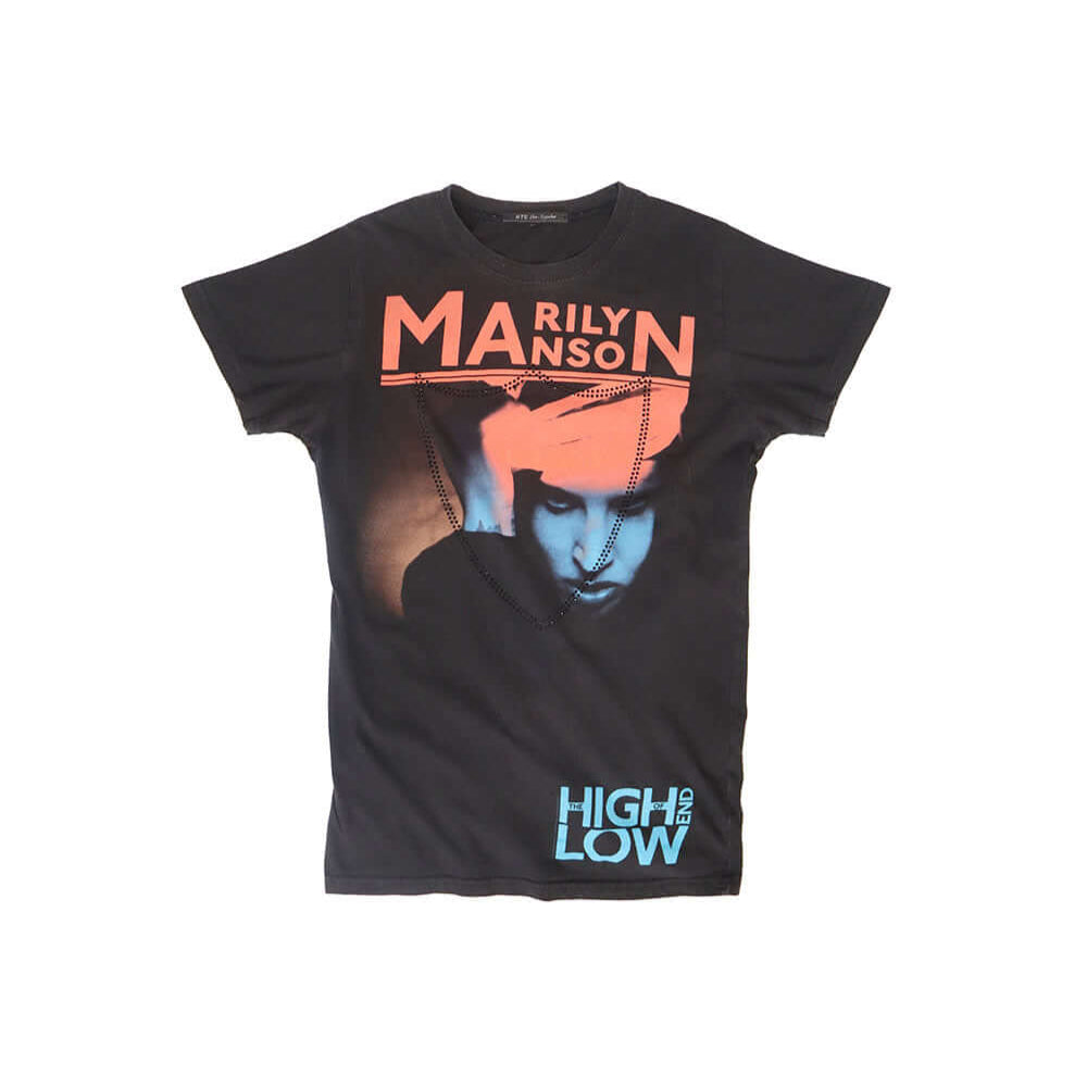 Hollywood Trading Company HTC VINTAGE MARILYN MANSON LUX T-SHIRT HTC VINTAGE MARILYN MANSON LUX T-SHIRT ONE OF A KIND VINTAGE T-SHIRT WITH ORIGINAL MARILYN MANSON PRINT, REWORKED WITH BLACK STUDDED HTC LOGO ON THE FRONT. SLIM FIT. t-shirt Hollywood Tradin