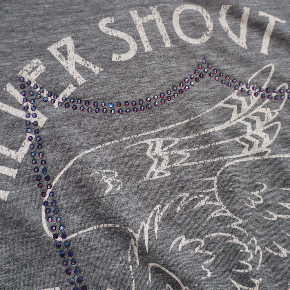 Hollywood Trading Company HTC VINTAGE NEVER SHOUT NEVER LUX T-SHIRT GREY/WHITE HTC VINTAGE NEVER SHOUT NEVER LUX T-SHIRT GREY/WHITE ONE OF A KIND VINTAGE T-SHIRT WITH ORIGINAL NEVER SHOUT NEVER PRINT, REWORKED WITH BLUE STUDDED HTC LOGO ON THE FRONT. REGU