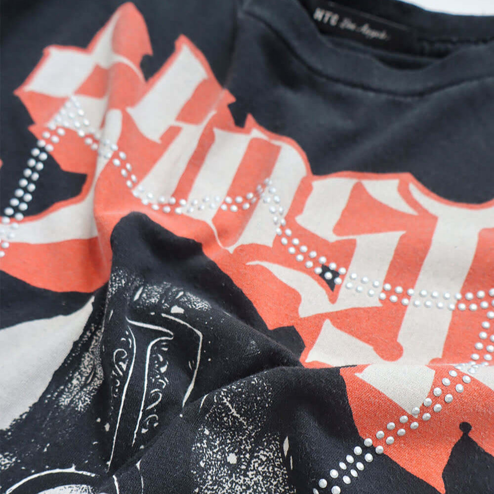 Hollywood Trading Company HTC VINTAGE GHOST LUX T-SHIRT MIX BLACK HTC VINTAGE GHOST LUX T-SHIRT MIX BLACK ONE OF A KIND VINTAGE T-SHIRT WITH ORIGINAL GHOST PRINT, REWORKED WITH BLUE STUDDED HTC LOGO ON THE FRONT. REGULAR FIT. T-SHIRTS Hollywood Trading Co