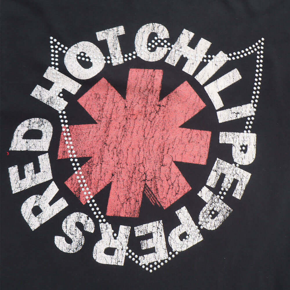 Hollywood Trading Company HTC VINTAGE RED HOT CHILI PEPPERS LUX T-SHIRT MIX BLACK HTC VINTAGE RED HOT CHILI PEPPERS LUX T-SHIRT MIX BLACK ONE OF A KIND VINTAGE T-SHIRT WITH ORIGINAL RED HOT CHILI PEPPERS PRINT, REWORKED WITH SILVER STUDDED HTC LOGO ON THE