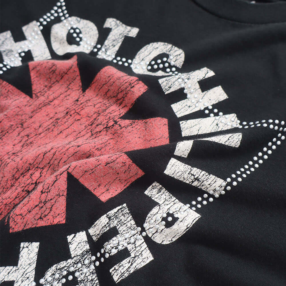Hollywood Trading Company HTC VINTAGE RED HOT CHILI PEPPERS LUX T-SHIRT MIX BLACK HTC VINTAGE RED HOT CHILI PEPPERS LUX T-SHIRT MIX BLACK ONE OF A KIND VINTAGE T-SHIRT WITH ORIGINAL RED HOT CHILI PEPPERS PRINT, REWORKED WITH SILVER STUDDED HTC LOGO ON THE