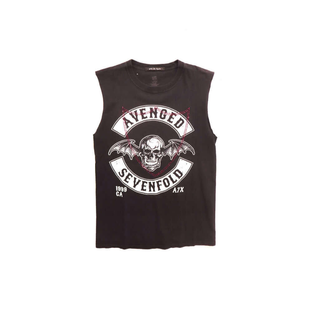 htc los angeles HTC VINTAGE AVENGED SEVENFOLD LUX T-SHIRT MIX BLACK HTC VINTAGE AVENGED SEVENFOLD LUX T-SHIRT MIX BLACK ONE OF A KIND VINTAGE T-SHIRT WITH ORIGINAL AVENGED SEVENFOLD PRINT, REWORKED WITH VIOLET STUDDED HTC LOGO ON THE FRONT. REGULAR TANK F