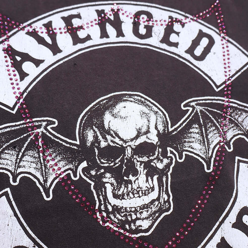 htc los angeles HTC VINTAGE AVENGED SEVENFOLD LUX T-SHIRT MIX BLACK HTC VINTAGE AVENGED SEVENFOLD LUX T-SHIRT MIX BLACK ONE OF A KIND VINTAGE T-SHIRT WITH ORIGINAL AVENGED SEVENFOLD PRINT, REWORKED WITH VIOLET STUDDED HTC LOGO ON THE FRONT. REGULAR TANK F