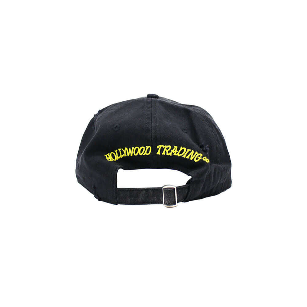 htclosangeles HTC DESTROYED CAP BLACK/YELLOW HTC DESTROYED CAP BLACK/YELLOW Baseball cap with preformed peak, round crown with eyelets, adjustable strap on the back. One size fits all. 100% cotton. HATS Hollywood Trading Company Hollywood Trading Company