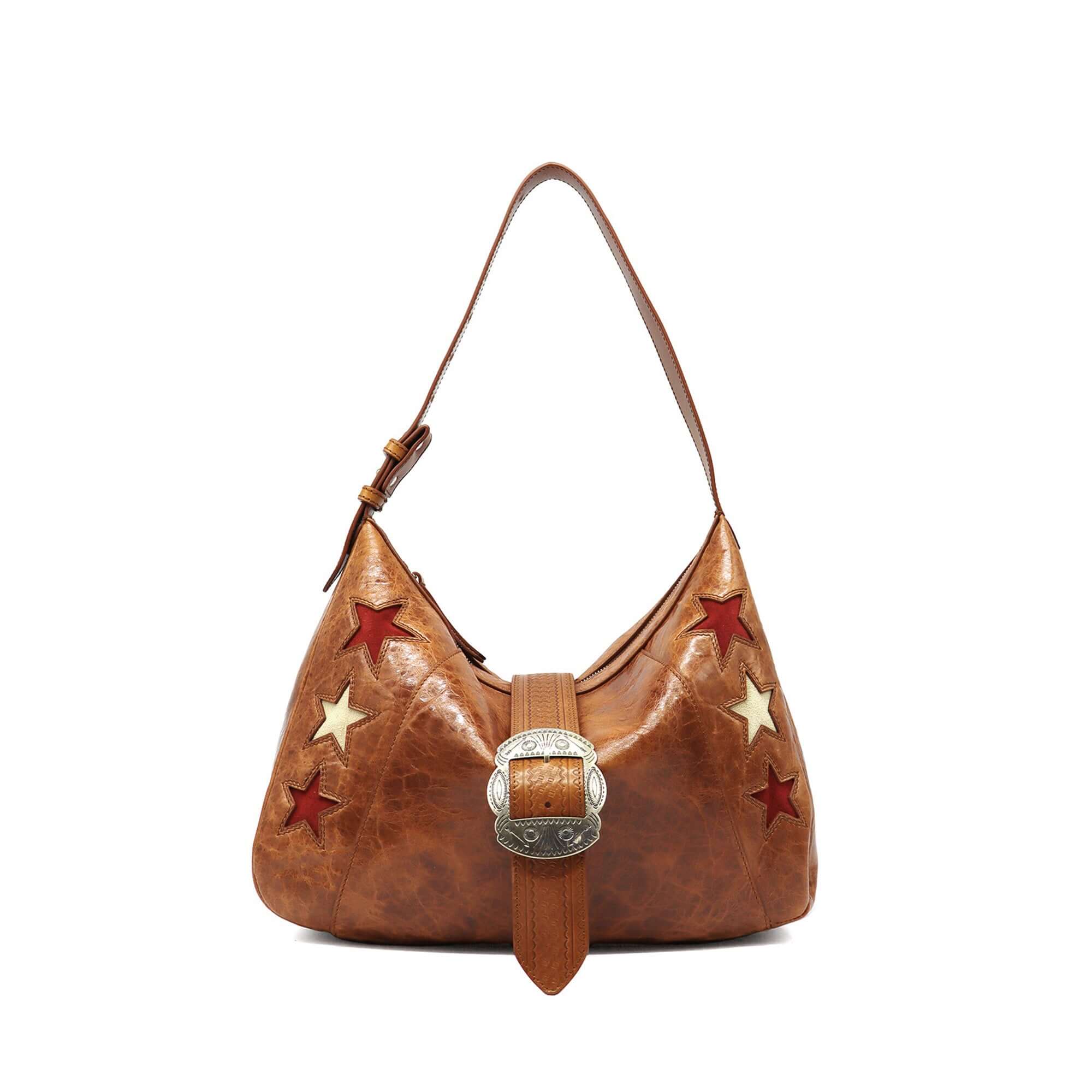 htc los angeles DEBBY STARS COGNAC Hobo bag in Cognac, featuring a zip closure along with a magnetic and buckle closure. Crafted in Italy, with star-shaped details, 100% cow leather. Hollywood Trading Company