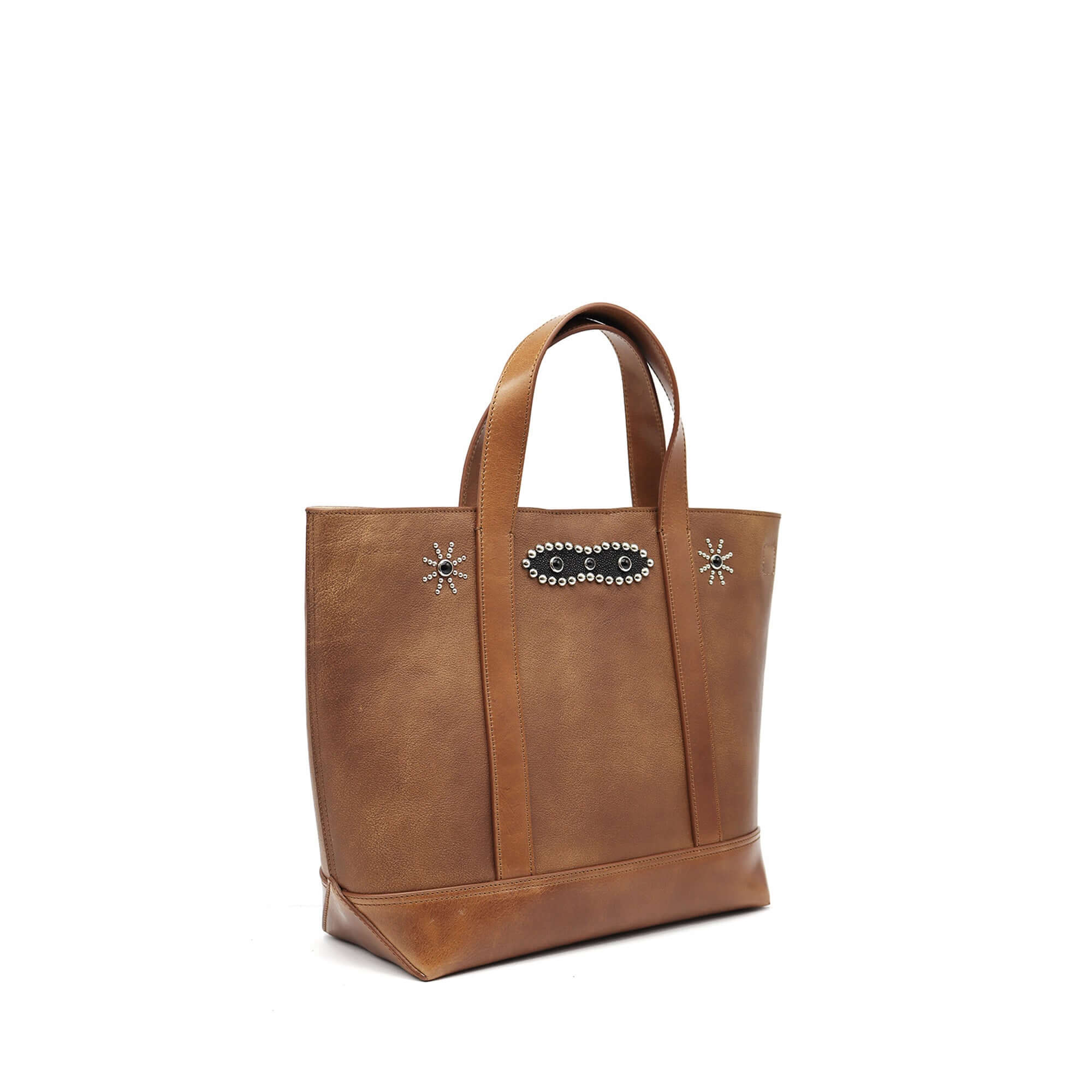 htc los angeles DUSTY LEATHER MOUSTACHE SMALL Shopper bag in Chestnut, featuring a zip closure. Crafted in Italy, with sun and moustache-shaped details, 100% cow leather. Hollywood Trading Company