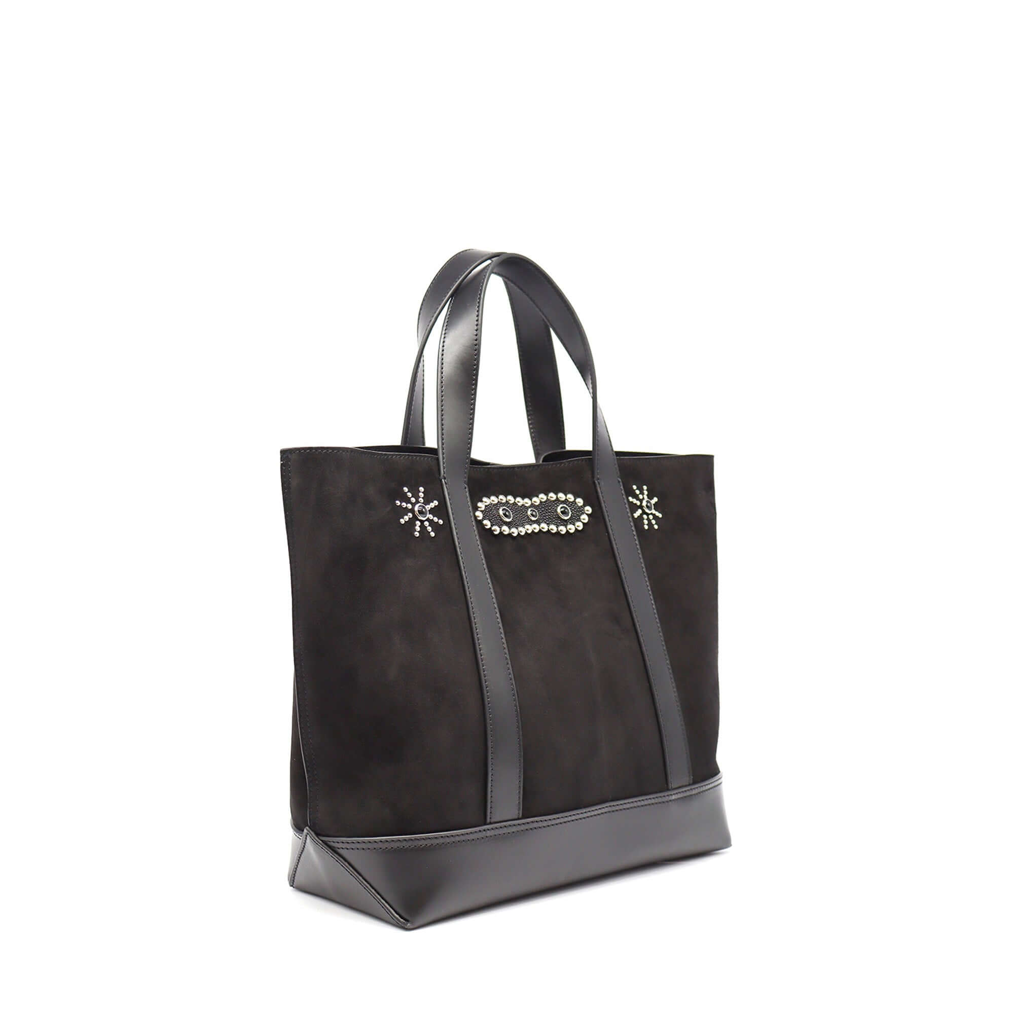 htc los angeles DUSTY SUEDE MOUSTACHE SMALL BLACK Shopper bag in Black suede, featuring a zip closure. Crafted in Italy, with sun and moustache-shaped details, 100% cow leather. Hollywood Trading Company