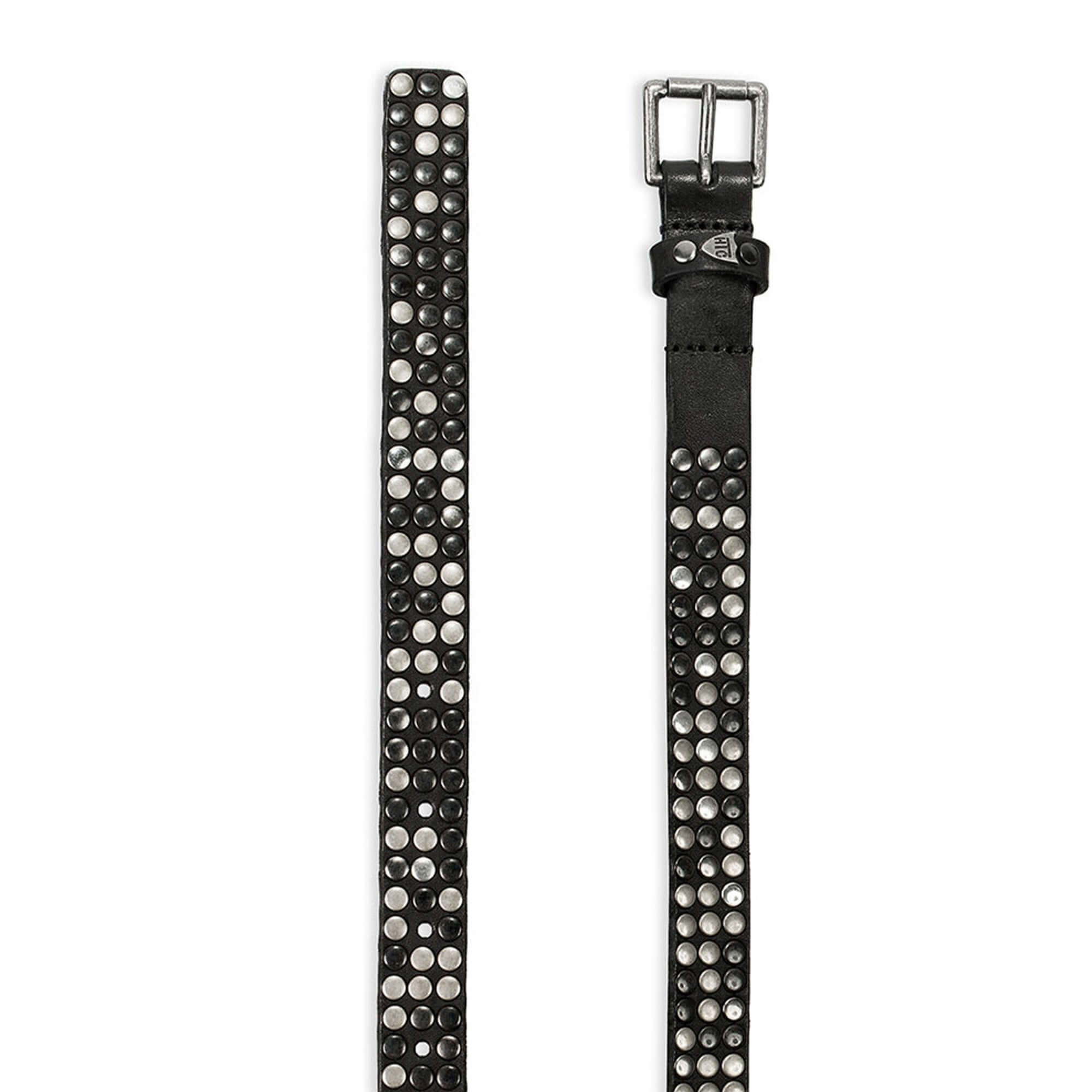 Hollywood Trading Company 3.000 STUDS BELT 3.000 STUDS BELT Black leather belt with studs, brass buckle, loop with studs and engraved logo. Height 2 cm. Made in Italy. BELTS Hollywood Trading Company Hollywood Trading Company