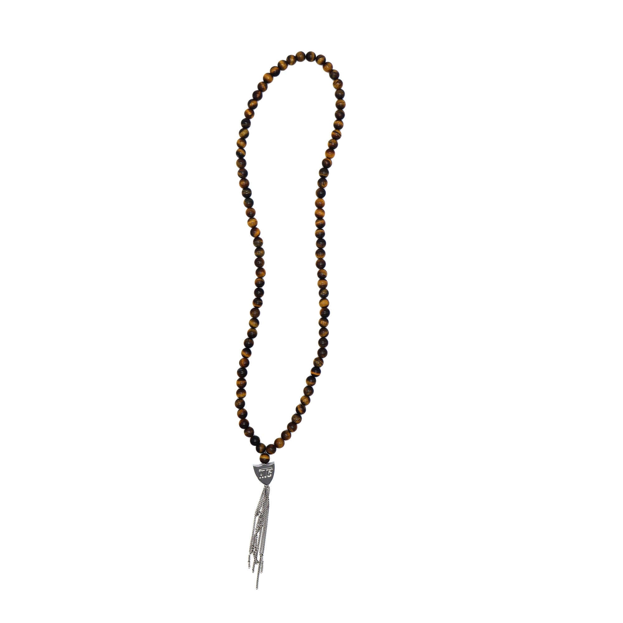 htc los angeles MYSTERY SHIELD NECKLACE TIGER EYE Tiger Eye necklace featuring a blend of textile, glass, and metal materials, with a metal HTC logo detail. Hollywood Trading Company