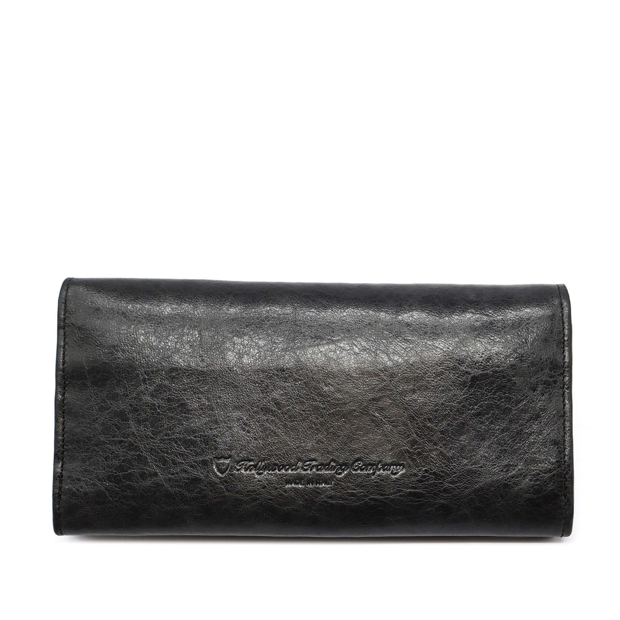 htc los angeles NANCY LONG WALLET BLACK Long wallet in Black, featuring a button closure. Designed with compartments for cards and coins, with flower studded details on the exterior. Crafted in Italy, 100% cow leather. Hollywood Trading Company