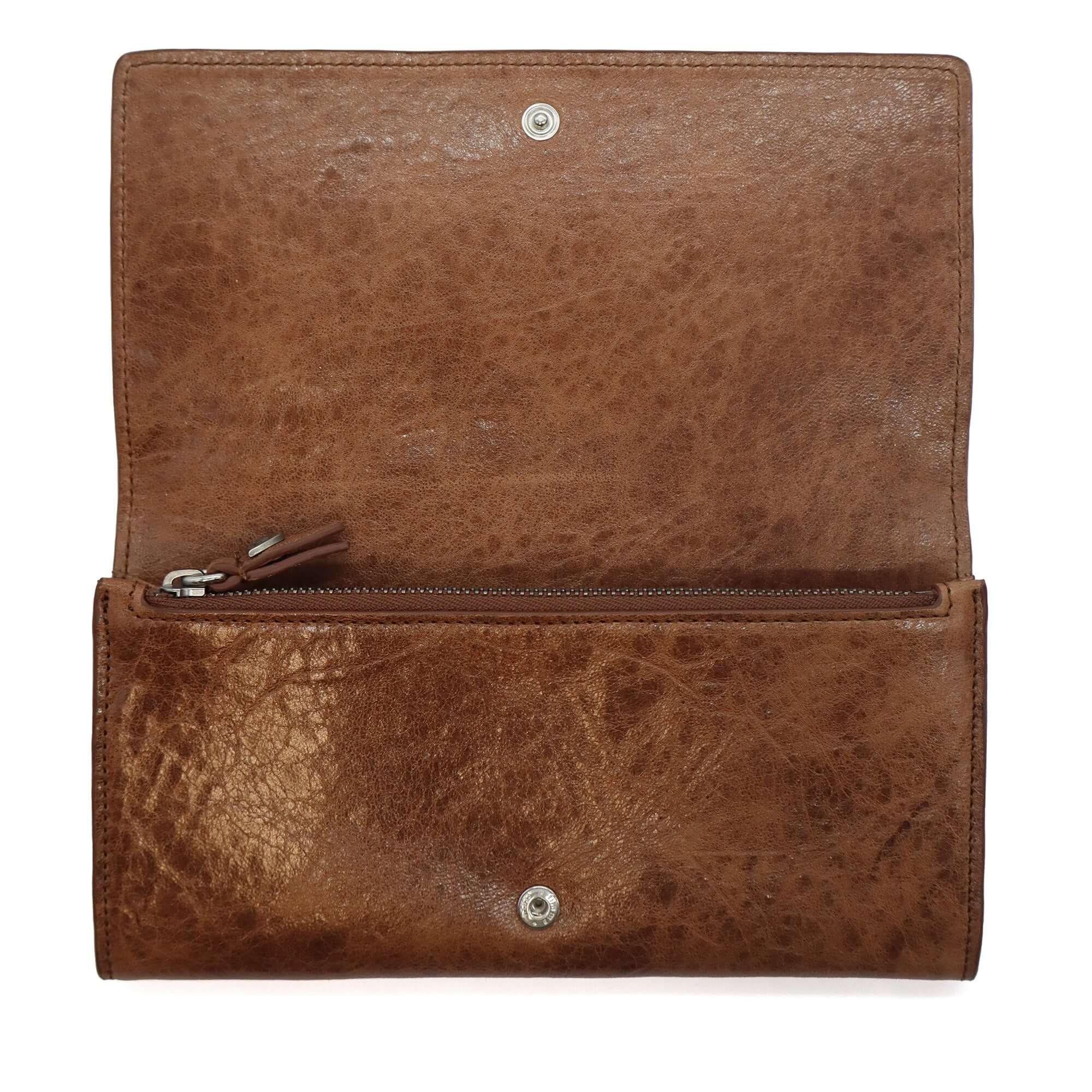 htc los angeles NANCY LONG WALLET Long wallet in Cognac, featuring a button closure. Designed with compartments for cards and coins, with flower studded details on the exterior. Crafted in Italy, 100% cow leather. Hollywood Trading Company