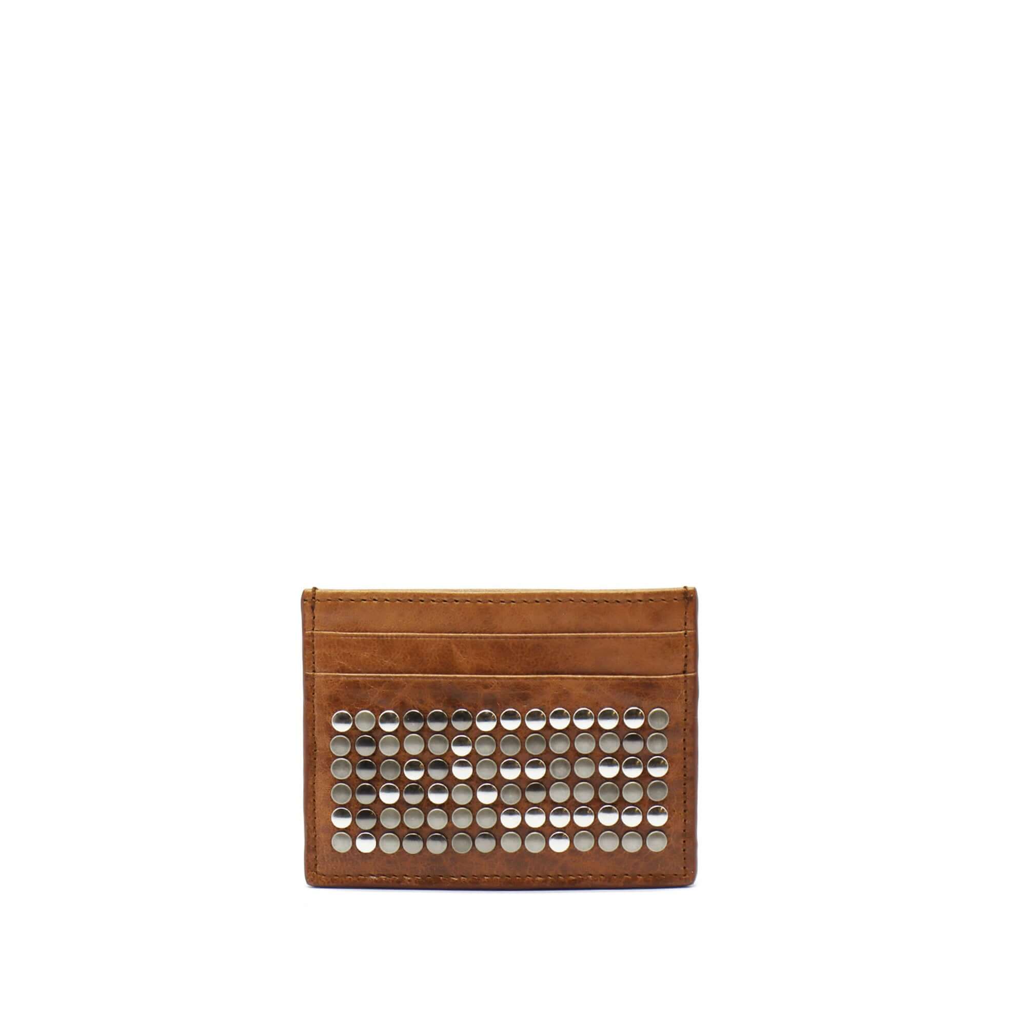 htc los angeles 5.000 CARD HOLDER Card holder in Cognac, designed with 5 compartments for cards, and stud details on the exterior. Crafted in Italy, 100% cow leather. Hollywood Trading Company