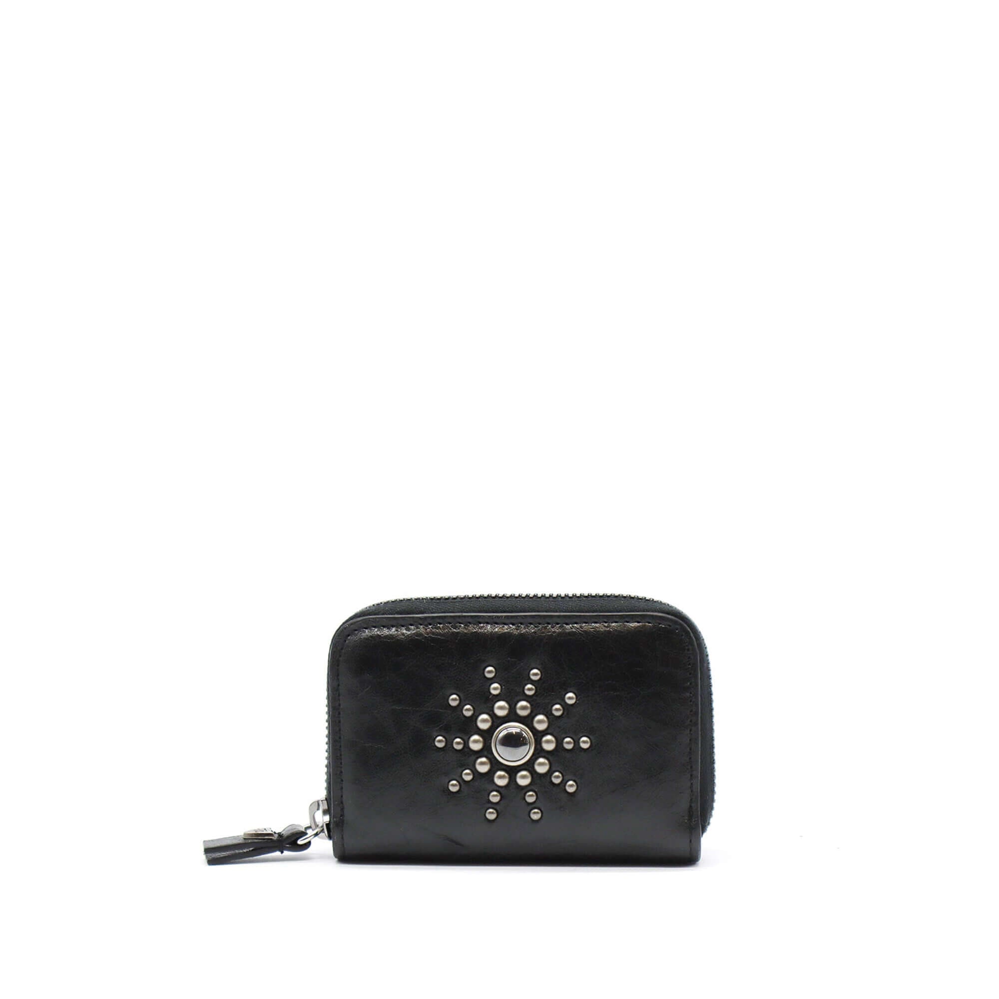 htc los angeles CLASSIC HTC SMALL ZIP WALLET BLACK Small zip wallet in Black, designed with multiple compartments for cards, documents, and coins, adorned with stud details on the exterior. Crafted in Italy, 100% cow leather. Hollywood Trading Company