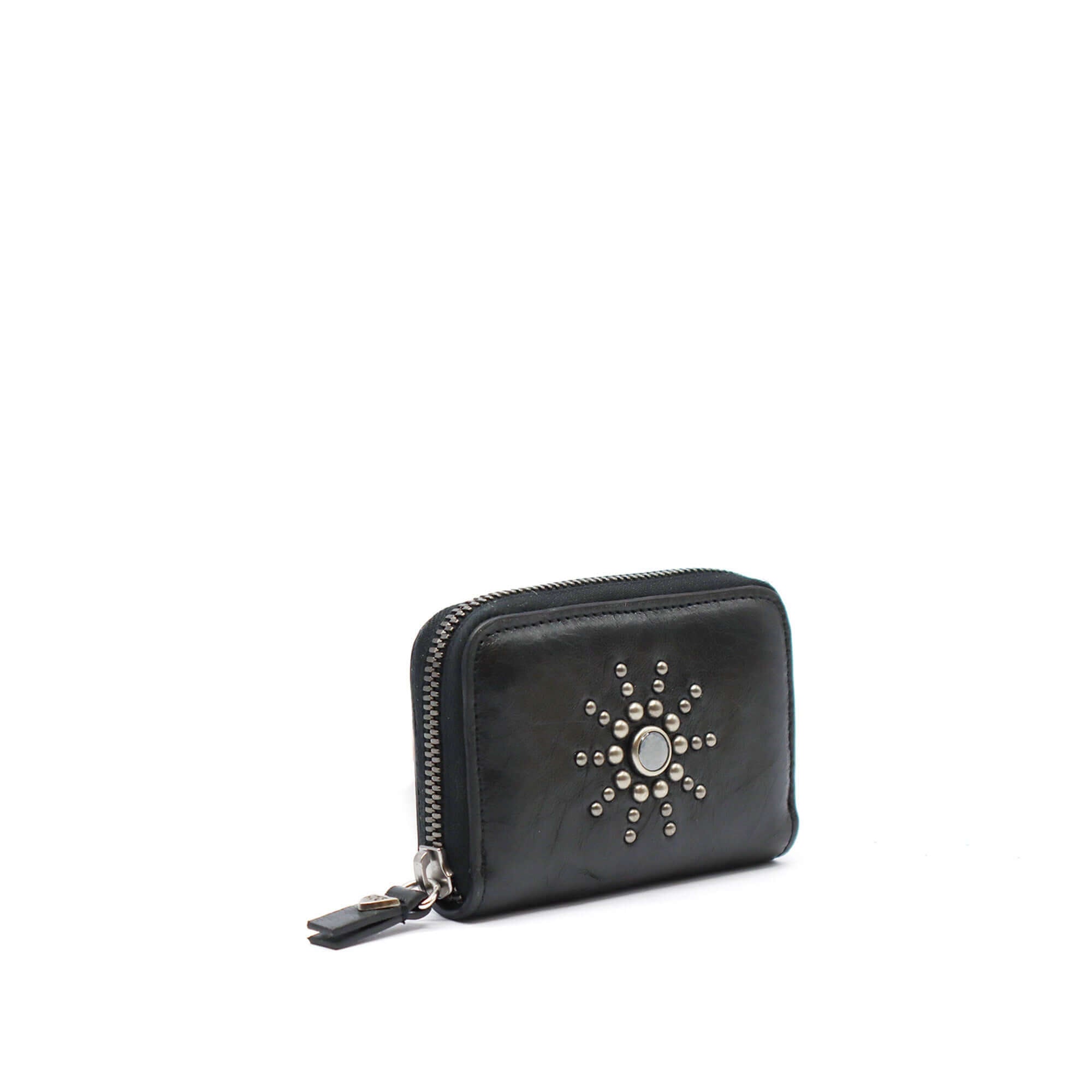 htc los angeles CLASSIC HTC SMALL ZIP WALLET BLACK Small zip wallet in Black, designed with multiple compartments for cards, documents, and coins, adorned with stud details on the exterior. Crafted in Italy, 100% cow leather. Hollywood Trading Company