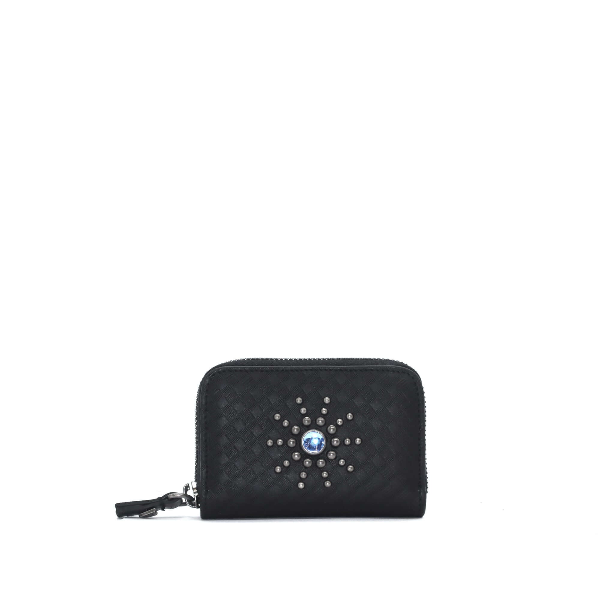htc los angeles HTC STUDDED SMALL ZIP WALLET Small zip wallet in Black, designed with multiple compartments for cards, documents, and coins, adorned with stud details on the exterior. Crafted in Italy, 100% cow leather. Hollywood Trading Company