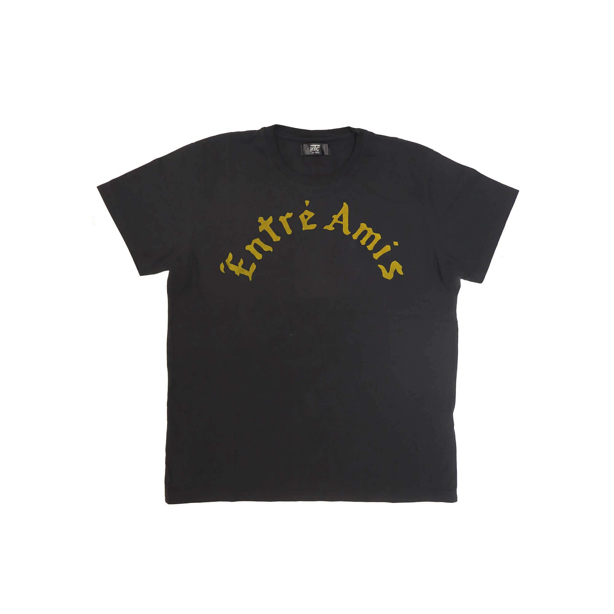 htc los angeles ENTRE AMIS T-SHIRT Black regular fit t-shirt featuring a front and back yellow flocked print. Made from 100% cotton and crafted in Italy. Hollywood Trading Company