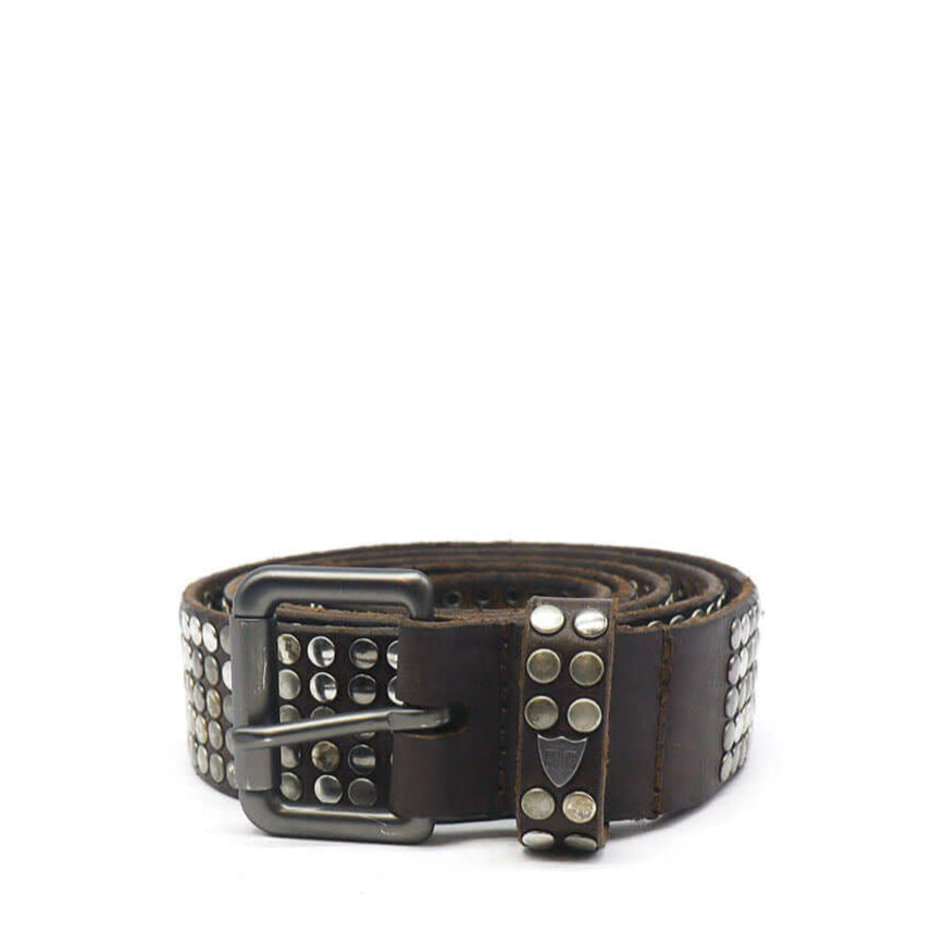 Hollywood Trading Company 5.000 STUDS BELT BROWN 5.000 STUDS BELT BROWN Brown leather belt with studs, brass buckle, studded zamac belt loop with HTC logo rivet. Height: 3.5 cm. Made in Italy. BELTS Hollywood Trading Company Hollywood Trading Company