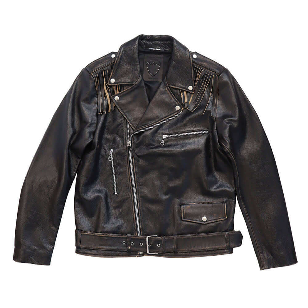 Hollywood Trading Company MICK JACKET MICK JACKET Black leather jacket. Asymmetric zip closure. removable fringes on the shoulders. Side pocket with zip closure. Zippers on the sleeves. 100% leather. Lining 100% viscose. Made in Italy. Hollywood Trading C