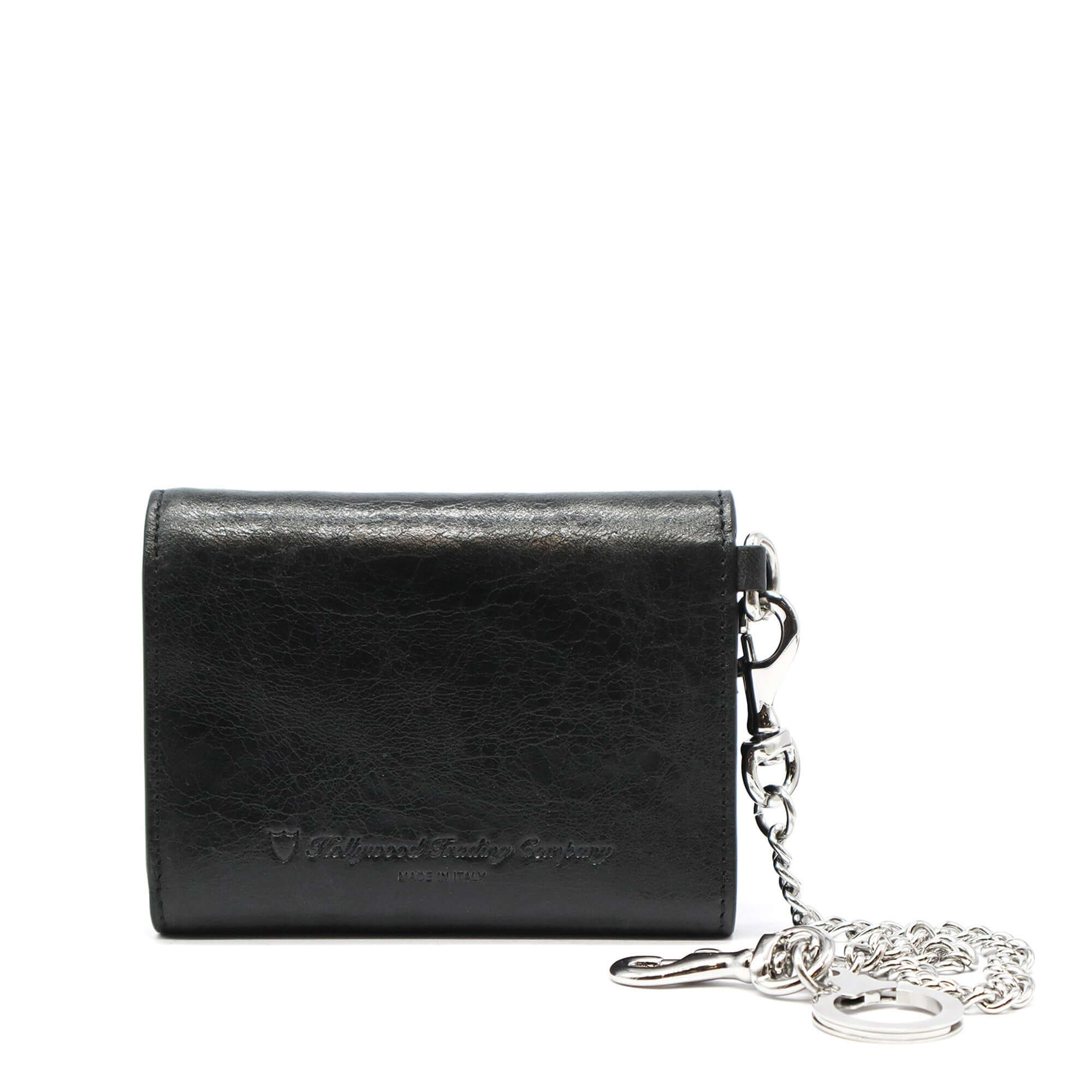 htc los angeles 5.000 TRIFOLD CHAIN WALLET BLACK Trifold chain wallet in Black, designed with multiple compartments for cards, documents, and coins, adorned with stud details on the exterior and a chain. Crafted in Italy, 100% cow leather. Hollywood Tradi