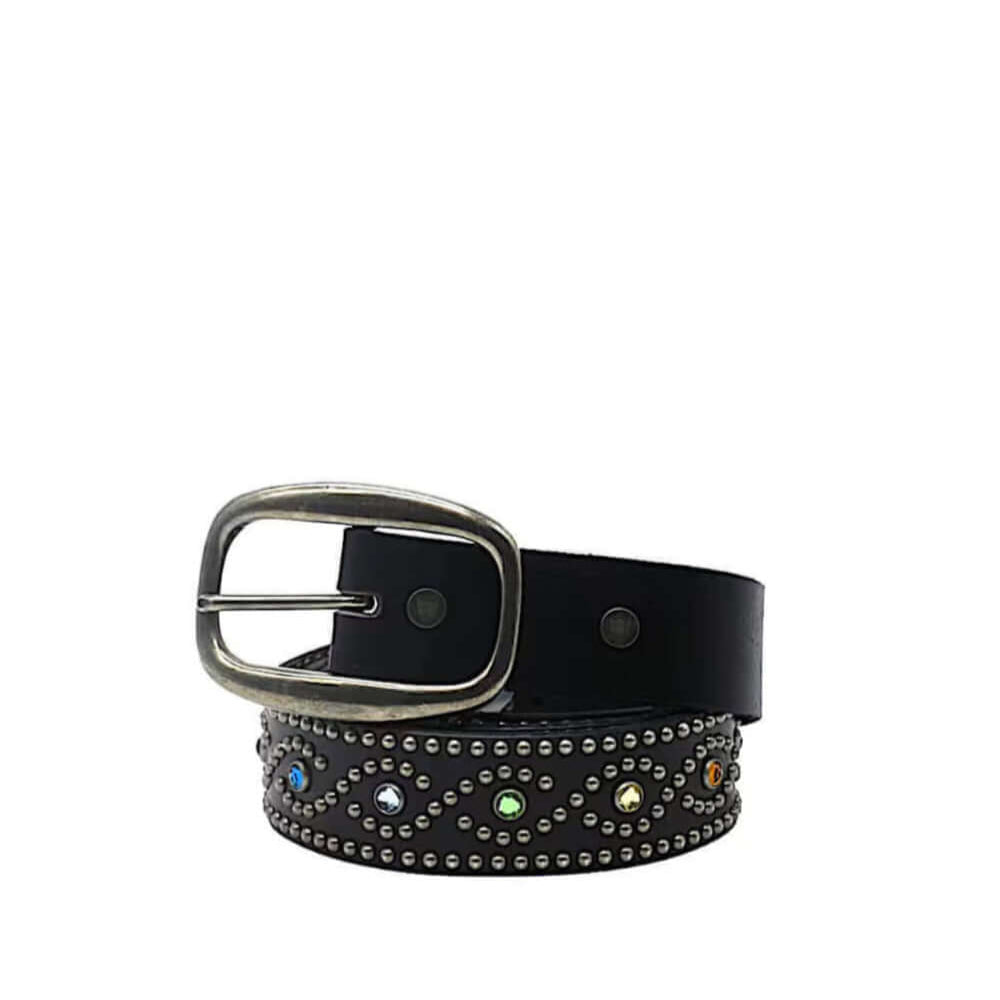 Hollywood Trading Company WAVES BELT WAVES BELT HTC Los Angeles belt in smooth black leather decorated with metal studs and multicolored crystals. Antique silver-tone metal buckle.Item Color: BlackWidth: 3.5cm BELTS Hollywood Trading Company Hollywood Tra