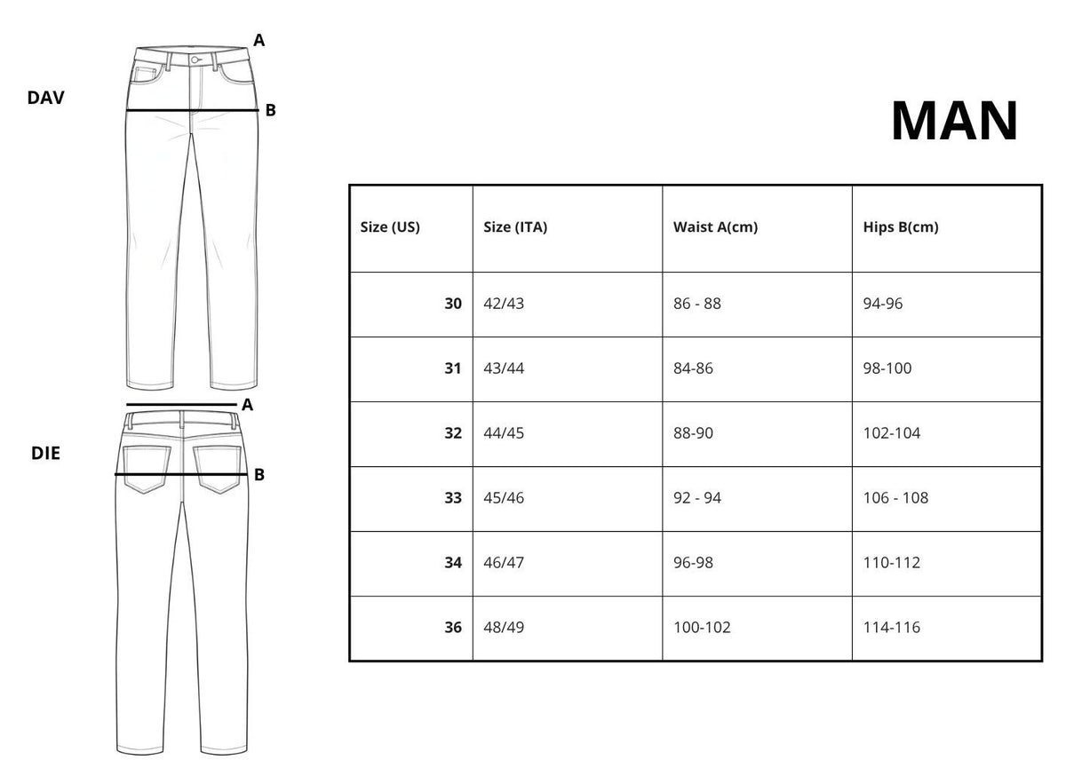 Size Guide HTC MOUSTACHE DENIM REGULAR MAN BLUE