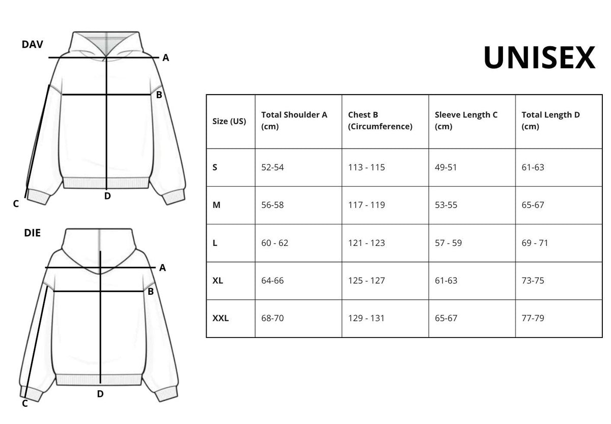 Size Guide HTC UNISEX SUN HOODIE OFF WHITE