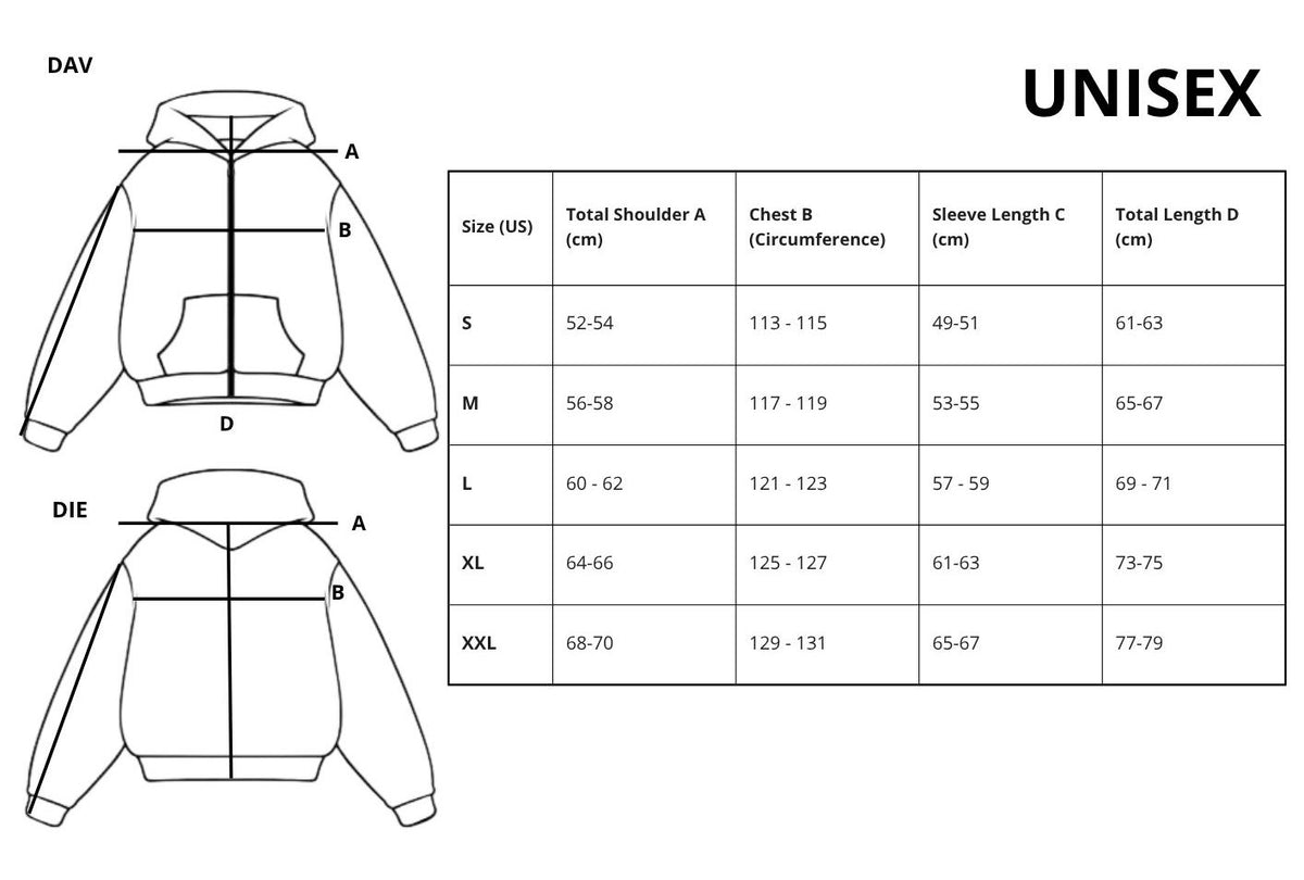 Size Guide HTC UNISEX MOUSTACHE HOODIE BLACK
