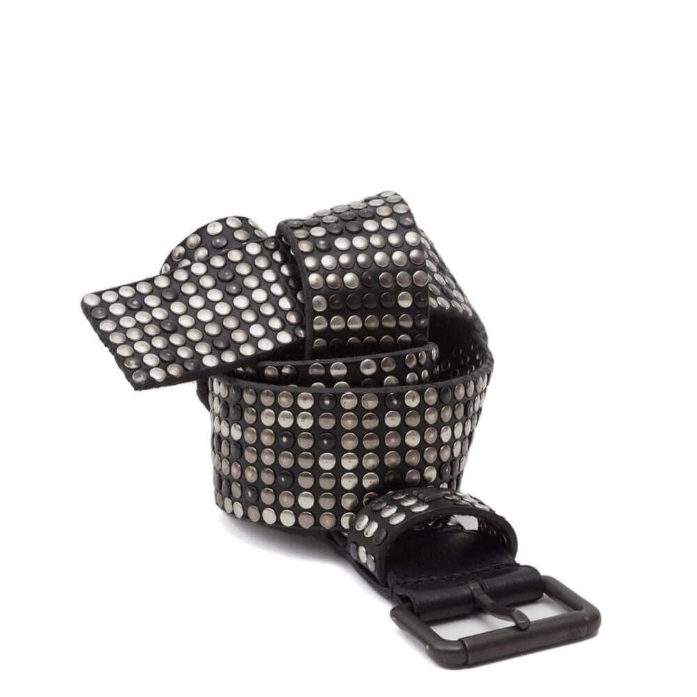 Hollywood Trading Company 10.000 STUDS COLOR BELT 10.000 STUDS COLOR BELT Leather belt with mixed studs, brass buckle, studded zamac belt loop with HTC logo rivet. Made in Italy. BELTS Hollywood Trading Company Hollywood Trading Company