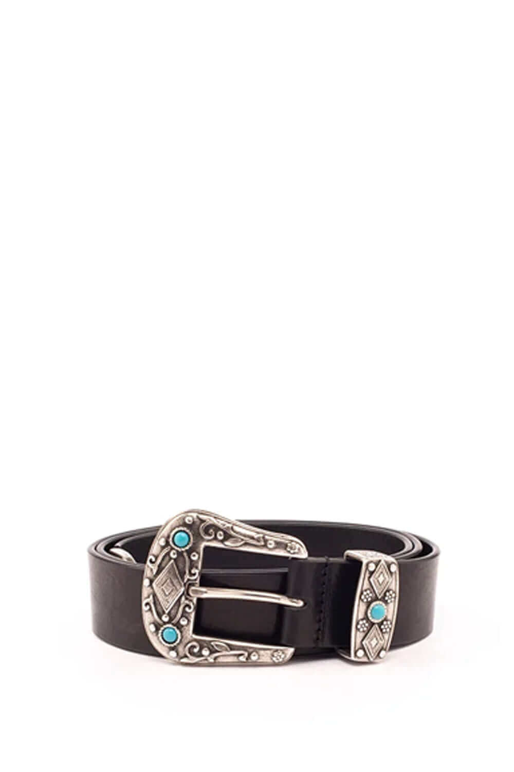 KYRA BELT Black leather belt. Buckle, loop and tip decorated with engravings and applications of turquoise stones. Made in Italy, height 3.5 cm. HTC LOS ANGELES