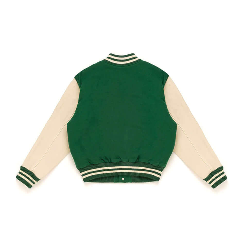 htc los angeles COLLEGE - CARDS PLAIN GREEN COLLEGE - CARDS PLAIN GREEN Varsity wool & leather bomber jacket. Front button closure, ribbed collar, cuffs and hem. Embroidered details. Two side pockets. Main body composition: 70% Wool, 30% Acrylic; sleeves: