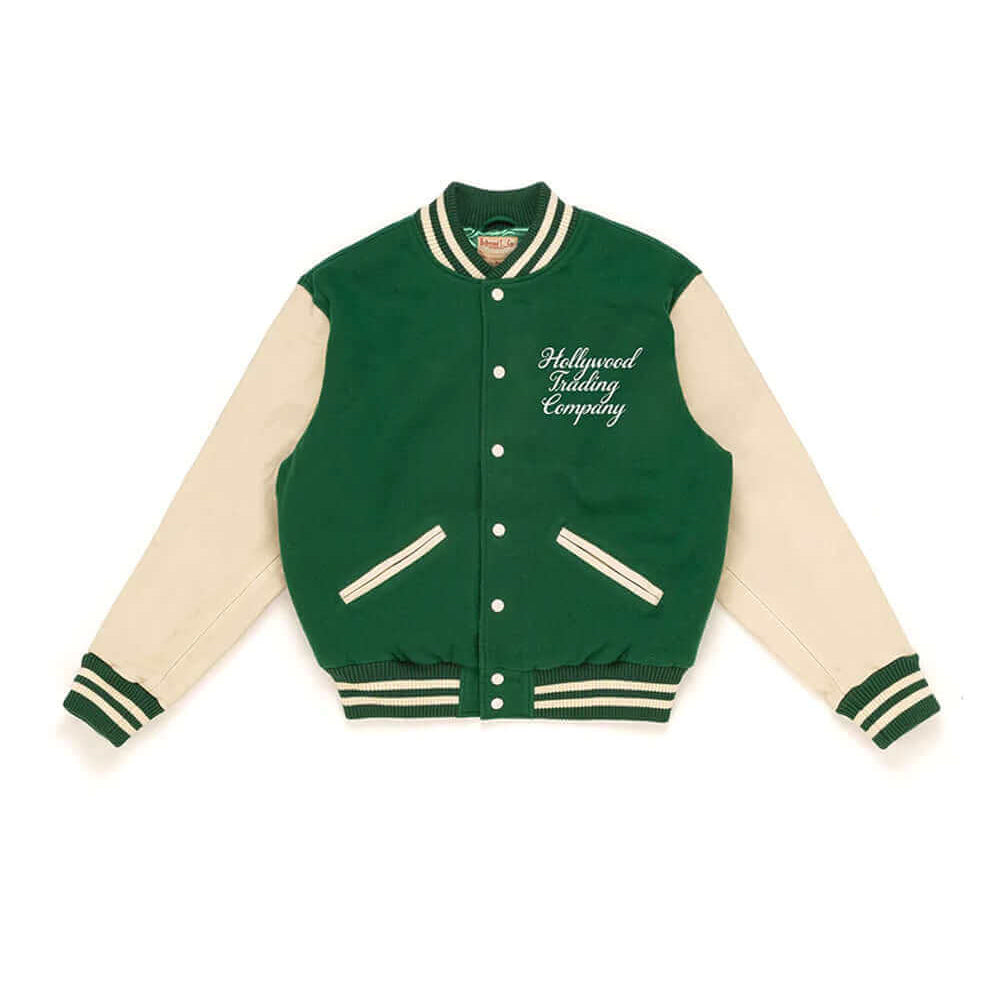 htc los angeles COLLEGE - CARDS PLAIN GREEN COLLEGE - CARDS PLAIN GREEN Varsity wool & leather bomber jacket. Front button closure, ribbed collar, cuffs and hem. Embroidered details. Two side pockets. Main body composition: 70% Wool, 30% Acrylic; sleeves: