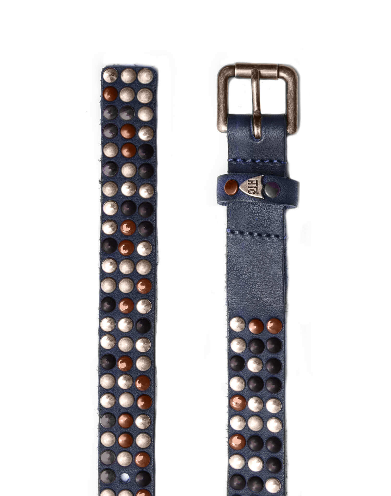 3.000 STUDS COLOR BELT Blue leather belt with studs, brass buckle, studded zamac belt loop and rivet with HTC logo. Height: 2 cm. Made in Italy. HTC LOS ANGELES