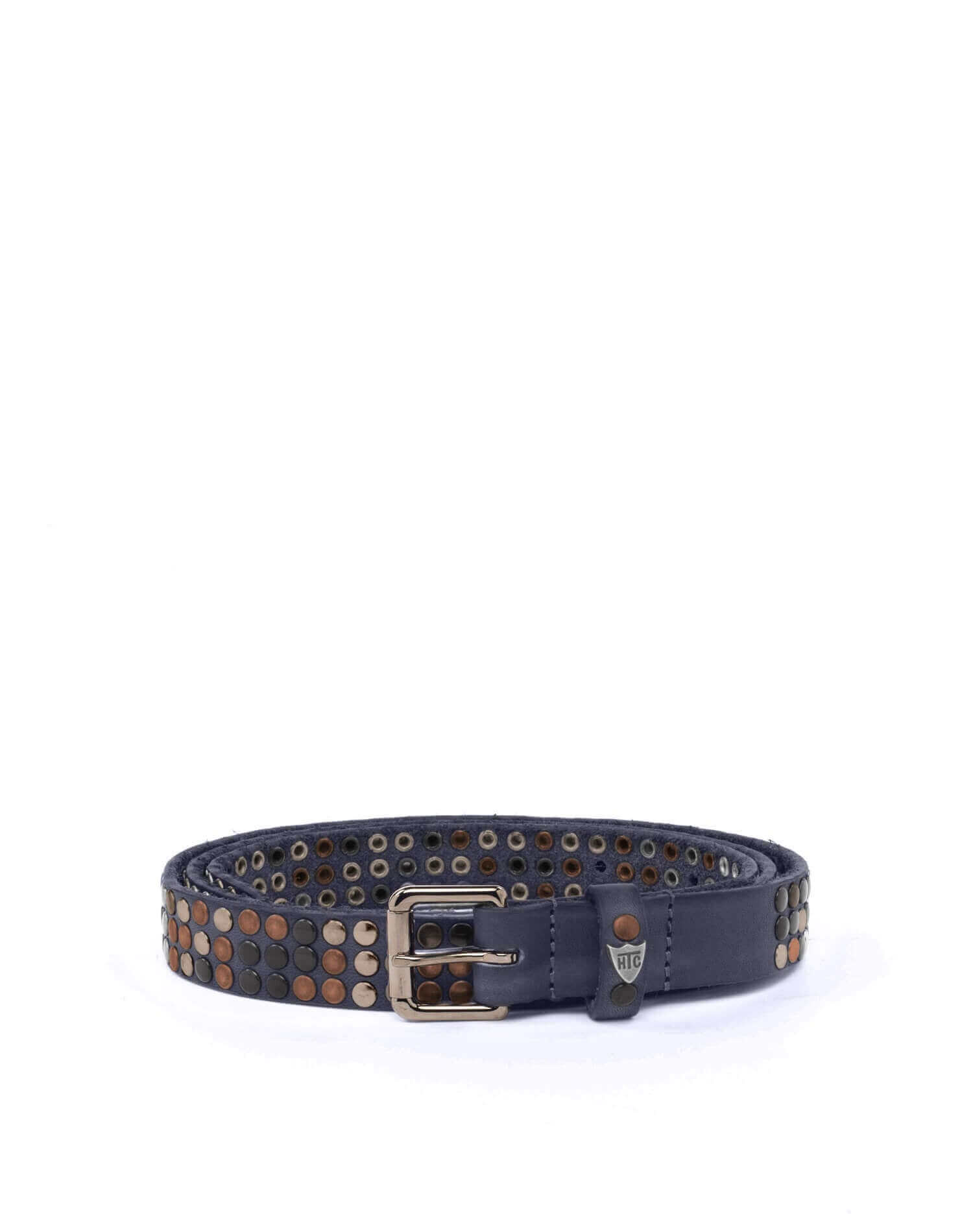 3.000 STUDS COLOR BELT Blue leather belt with studs, brass buckle, studded zamac belt loop and rivet with HTC logo. Height: 2 cm. Made in Italy. HTC LOS ANGELES