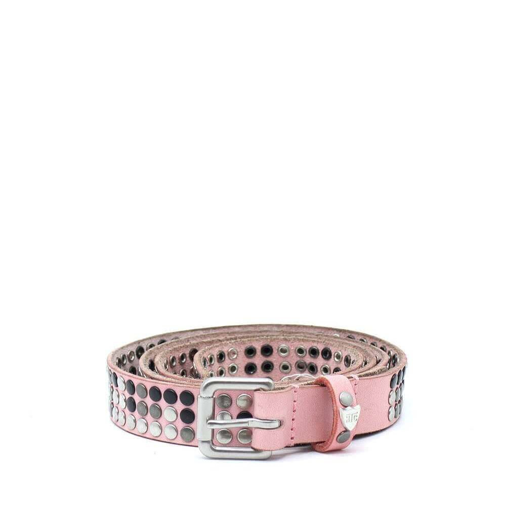 Hollywood Trading Company 3.000 STUDS COLOR BELT 3.000 STUDS COLOR BELT Pink leather belt with studs, brass buckle, studded zamac belt loop and rivet with HTC logo. Height: 2 cm. Made in Italy. BELTS Hollywood Trading Company Hollywood Trading Company