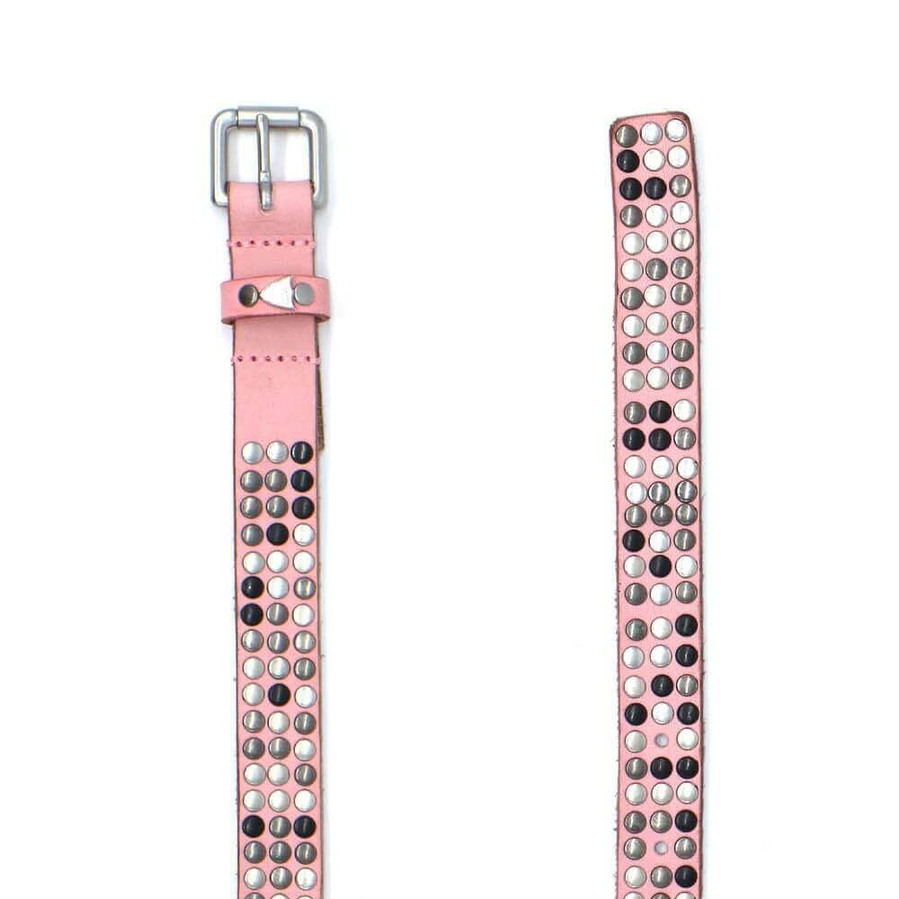 Hollywood Trading Company 3.000 STUDS COLOR BELT 3.000 STUDS COLOR BELT Pink leather belt with studs, brass buckle, studded zamac belt loop and rivet with HTC logo. Height: 2 cm. Made in Italy. BELTS Hollywood Trading Company Hollywood Trading Company