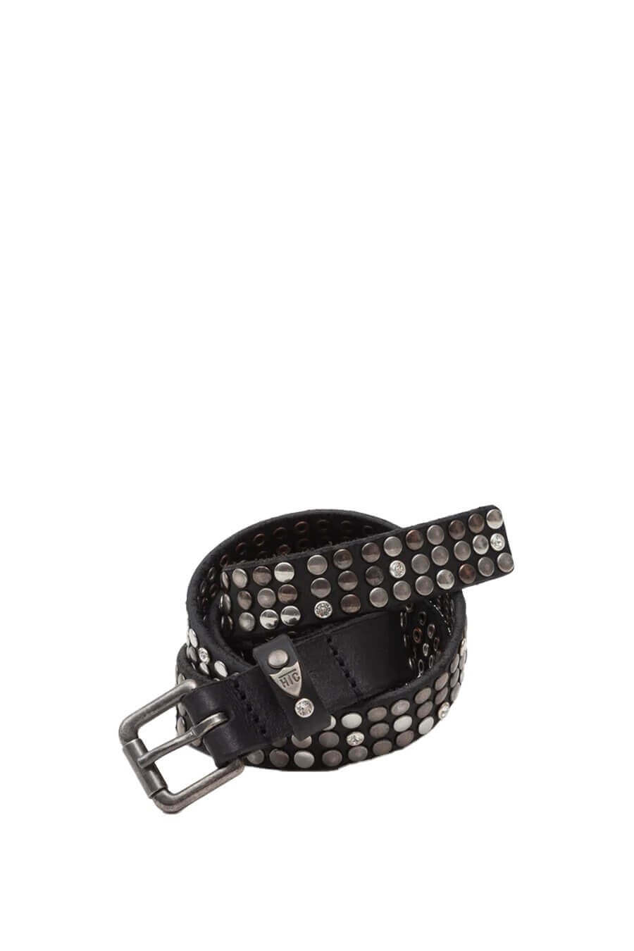 3.000 STUDS DELUXE BELT Black leather belt with studs and rhinestones, brass buckle, studded zamac belt loop and rivet with HTC logo. Height: 2 cm. Made in Italy. HTC LOS ANGELES