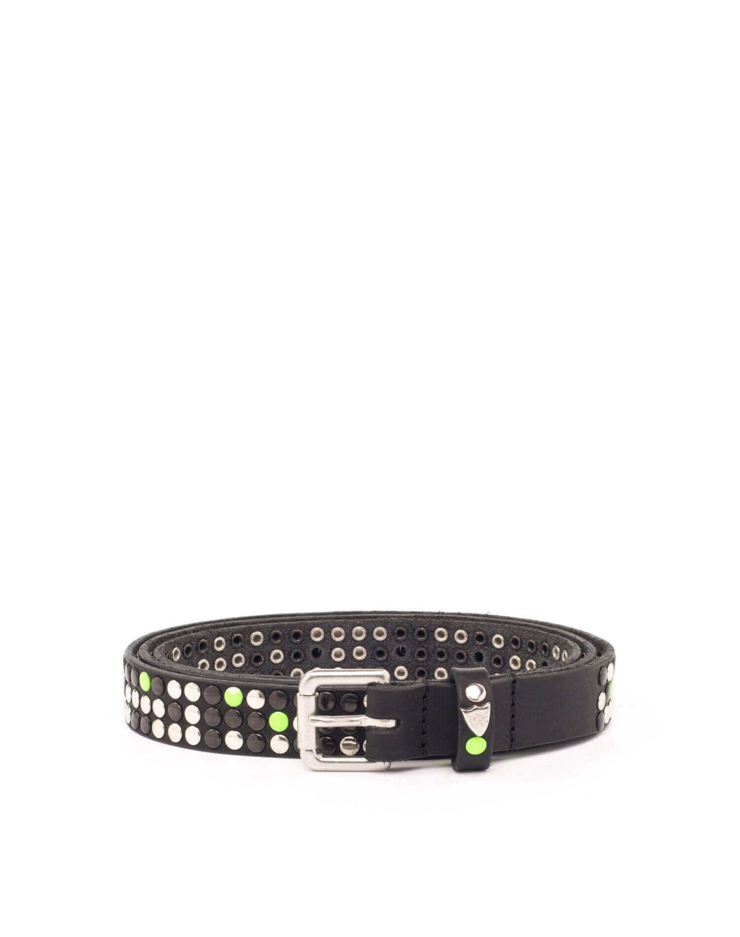 3.000 STUDS VARNISH BELT Black leather belt with studs, brass buckle, studded zamac belt loop and rivet with HTC logo. Height: 2 cm. Made in Italy. HTC LOS ANGELES
