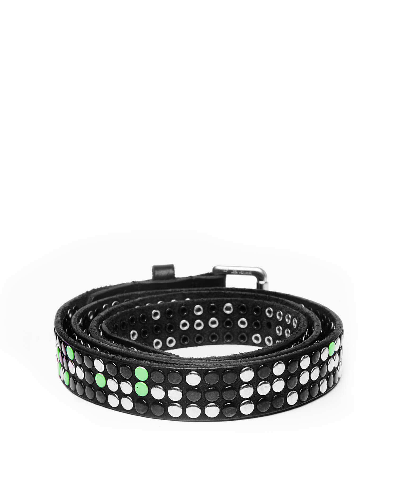 3.000 STUDS VARNISH BELT Black leather belt with studs, brass buckle, studded zamac belt loop and rivet with HTC logo. Height: 2 cm. Made in Italy. HTC LOS ANGELES