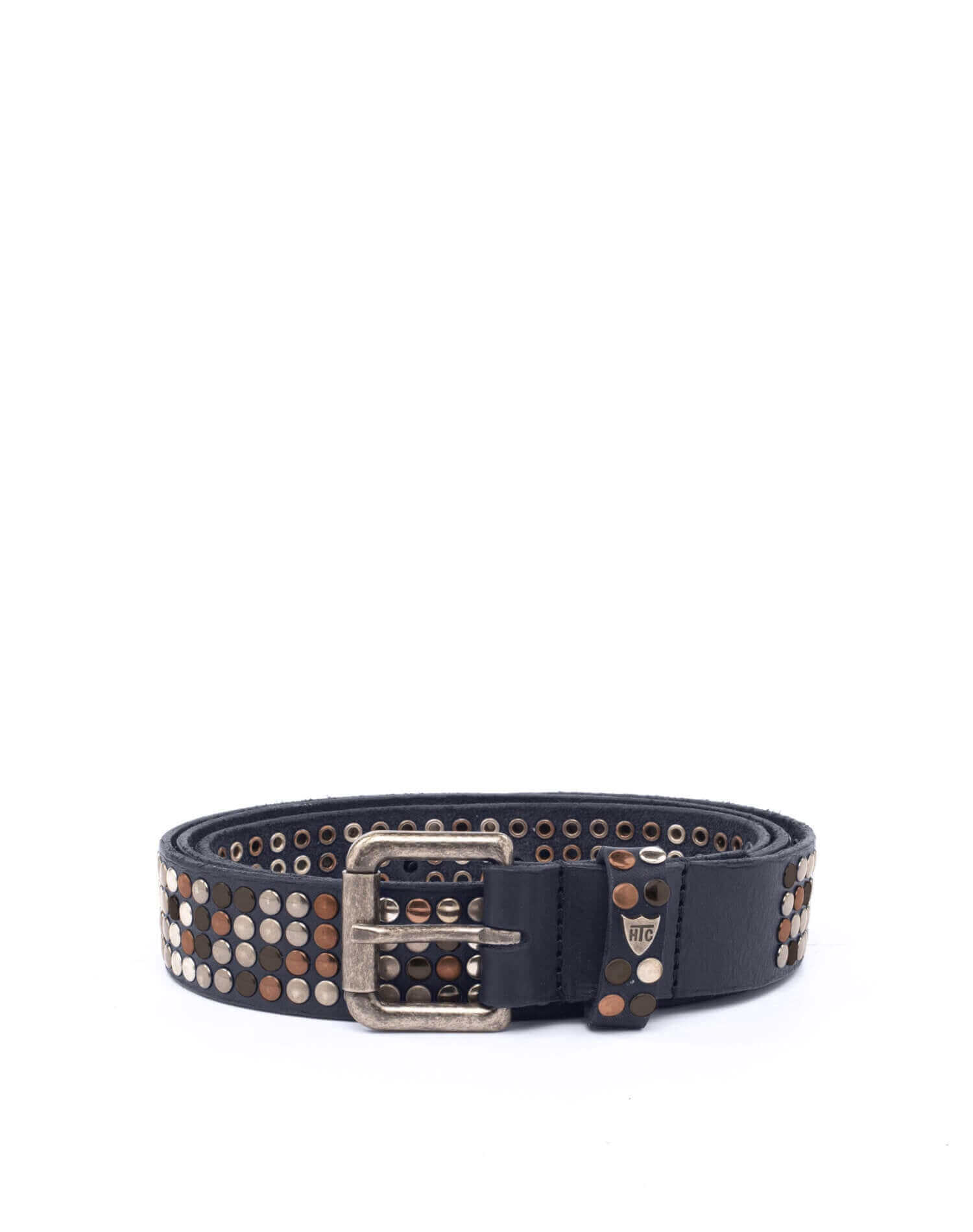 4.000 STUDS COLOR BELT Blue leather belt with studs, brass buckle, studded zamac belt loop and rivet with HTC logo. Height: 3 cm. Made in Italy. HTC LOS ANGELES