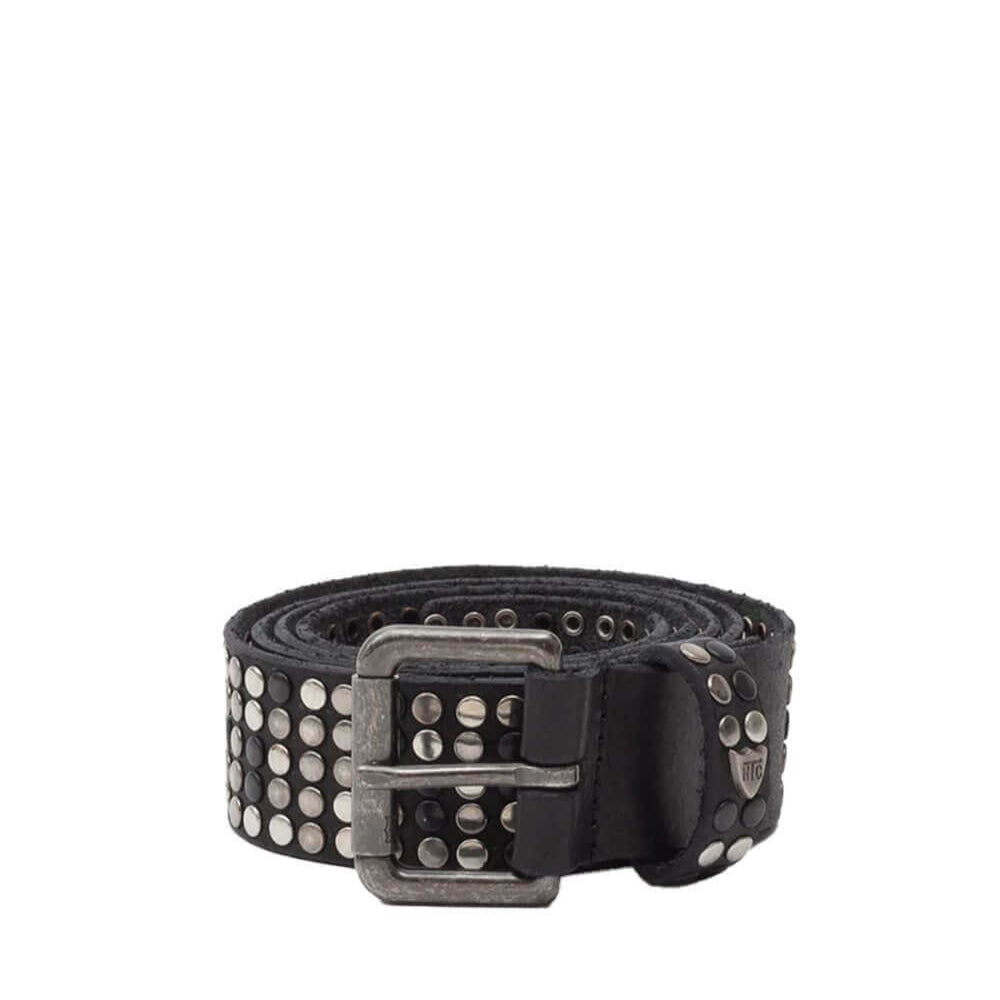 Hollywood Trading Company 5.000 STUDS BELT 5.000 STUDS BELT Black leather belt with mixed studs, brass buckle, studded zamac belt loop with HTC logo rivet. Height: 3.5 cm. Made in Italy. BELTS Hollywood Trading Company Hollywood Trading Company